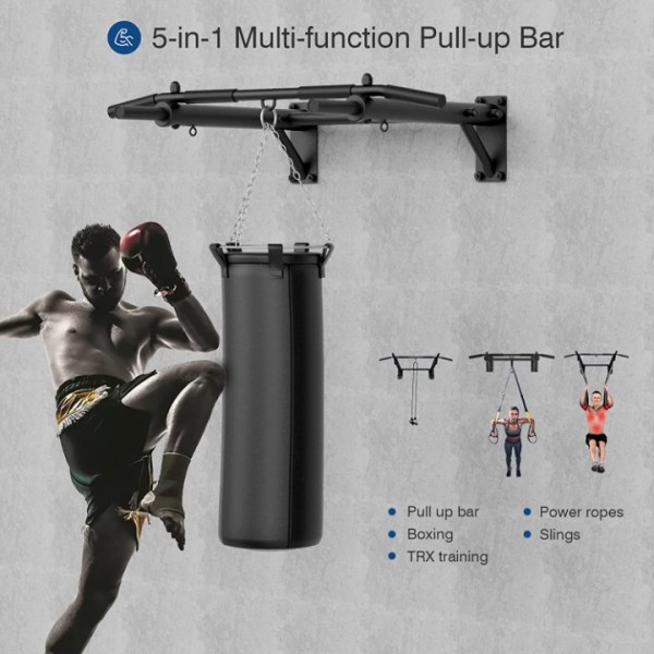 Wall Mounted Pull Up Bar, Thicken Steel Max Load 300 lbs，Punch Bag and TRX Training Hook for Home Gym Upper Body Workout Chin up Bar for Garage