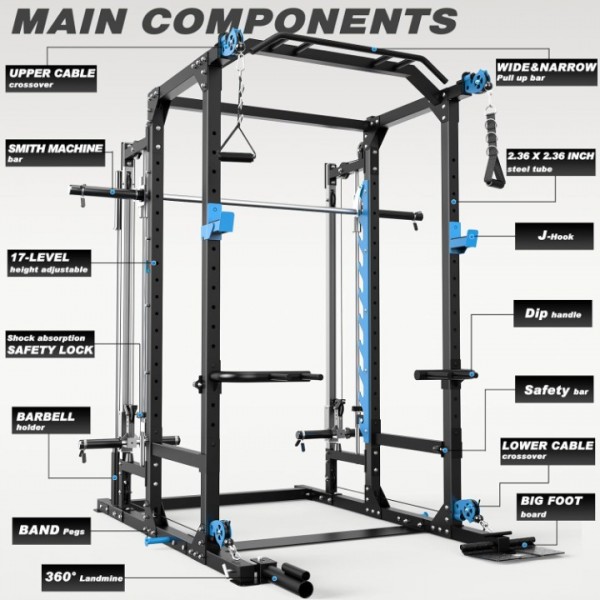 ULTRA FUEGO Power Cage with Cable Crossover/Smith Machine System LAT-Pull Down System Power Rack Squat Rack Training Attachments for Home Gym