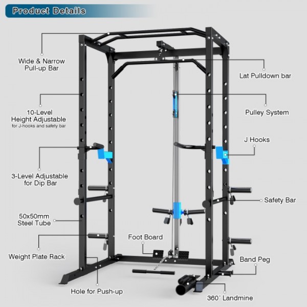 ULTRA FUEGO Squat Rack Power Cage Multi-Functional Power Rack with J-Hooks, Dip Handles, Landmine Attachment and Cable Pulley System for Home Gym
