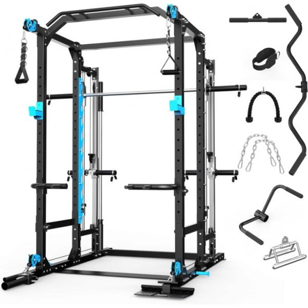 ULTRA FUEGO Power Cage with Cable Crossover/Smith Machine System LAT-Pull Down System Power Rack Squat Rack Training Attachments for Home Gym